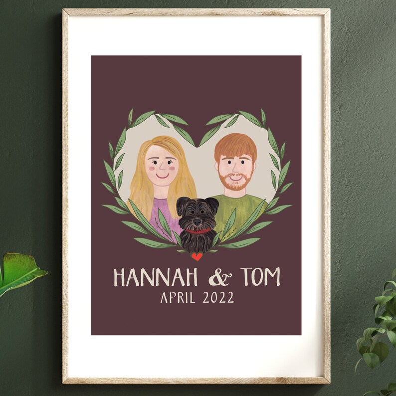 Custom Couple Portrait, Personalised Couple Portrait, Hand Painted Couple Portrait, Digital Print Portrait, Couple and Pet Portrait image 8