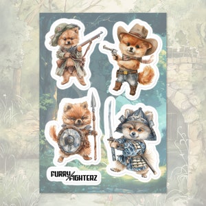 FURRY FIGHTERZ: Passionate Pomeranian Sticker Set - Infantryman, Cowboy, Mongolian Warrior, & Samurai - Unique Dog Warrior Stickers