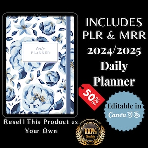 Könnte beinhalten: Ein digitaler Planer mit einem blauen und weißen Blumenmuster. Der Planer trägt den Titel "daily planner" und umfasst die Jahre 2024 und 2025. Der Text "Resell This Product as Your Own" befindet sich am unteren Rand des Bildes.