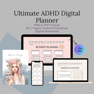 May include: A digital planner designed for people with ADHD. The planner includes sections for budgeting, goal setting, and monthly planning. The planner is available in pink and white with a cute illustration of a pig. The text on the planner says "BUDGET PLANNER" and "MONTH AT A GLANCE".