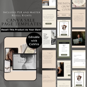 Könnte beinhalten: Eine Sammlung von Canva-Vorlagen für Social-Media-Marketing. Die Vorlagen bieten eine Vielzahl von Designs, darunter ein Wellness-Programm, einen Kurs über redaktionelle Inhalte und einen Leitfaden für das Wachstum auf Instagram. Die Vorlagen sind editierbar und können an Ihre Marke angepasst werden.