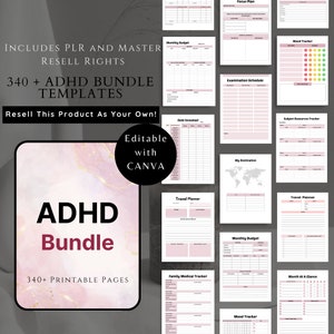 May include: A pink and gold digital planner bundle with the text "ADHD Bundle" and "340+ Printable Pages". The bundle includes printable pages for budgeting, travel planning, mood tracking, and more.