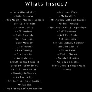 以下が含まれることがあります： 「Whats Inside?」というテキストが上部に書かれた白黒の画像。画像には、デイリープランナー、感謝の気持ちのログ、ビジョンボードなど、さまざまなセルフケアと目標設定のアイテムがリストされています。