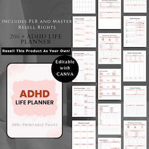 May include: A pink and white digital planner with the text "ADHD LIFE PLANNER" and "200+ PRINTABLE PAGES". The planner is designed to help people with ADHD manage their time and tasks.