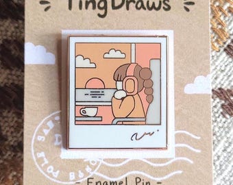 Polaroid Enamel Pin, Girl With Headphones, Train Window View Travel Lapel Pin