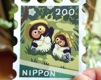 Japan Tanuki Postage Stamp Sticker | Waterproof Sticker for Laptop and Water Bottle