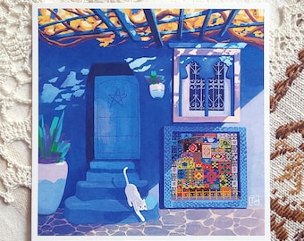 Blue village with cat art print | Morocco Chefchaouen Art | Original painting for wall decor