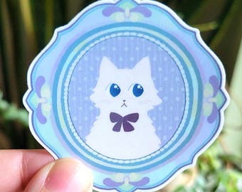 White Cat in Vintage Frame Vinyl Sticker for Laptop and Water Bottle