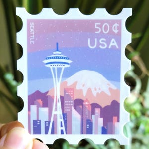 Seattle Space Needle Sticker | Seattle Skyline | Postage Stamp Vinyl Sticker for Laptop and Water Bottle