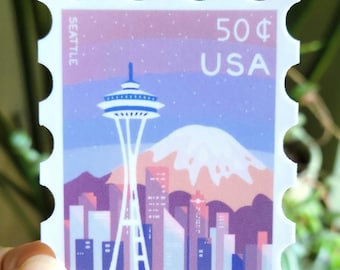 Seattle Space Needle Sticker | Seattle Skyline | Postage Stamp Vinyl Sticker for Laptop and Water Bottle