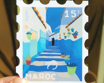 Morocco Chefchaouen Sticker | Postage Stamp Sticker for Laptop and Water Bottle