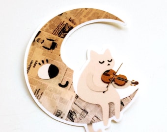 Cat Playing Violin on Moon Sticker | Playful Cat Art | Waterproof Laptop Water Bottle Decor