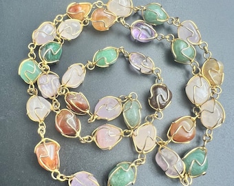 Multi Color Tumbled Stone Wire Wrapped Cage Link Necklace 18" Vintage 1990s