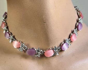 Pink Lavender Thermoset Floral Choker Necklace Silver Tone Blue Accent Vtg 50s