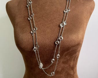 Silver Tone Clear Crystal Station 70" Continuous Long Layering Necklace