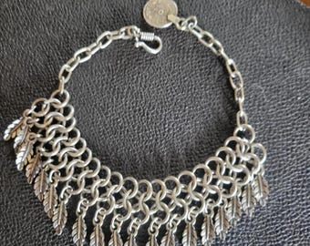 Silver Tone Chainmail Leaf Bib Anklet Egyptian Coin Charm S-Hook Vintage 1970s