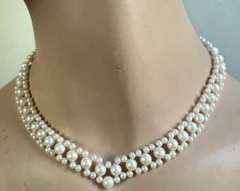 Cream Faux Pearl Triple Strand Woven Bib Necklace Adjustable Vintage 1950s 1960s