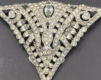 Vintage Art Deco Silver Tone Rhinestone Shield Fur/Dress Clip PAT 1852188