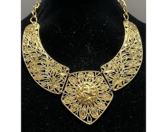 Jose Barrera Avon Gold Plated Filigree Floral Bib Necklace 18-21" Cottagecore
