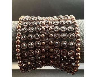 Copper Tone Black Rhinestone Wide Stretch Cuff Statement Bracelet Vintage 90s