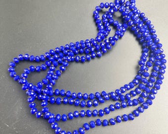 Cobalt Blue Faceted Glass Hand Knotted 60 Inch Long Rope Necklace Vintage 1960s