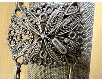 Vintage Sterling Silver Filigree Bracelet Victorian Revival Pin Clasp Heavy 63g