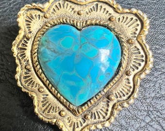 Vintage Gold Tone Heart Faux Turquoise Bolo Tie Clip Slide Western 90s