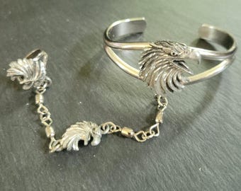 Vintage 1995 JJC Eagle Head Slave Bracelet Cuff Ring Set Silver Tone Biker 90s