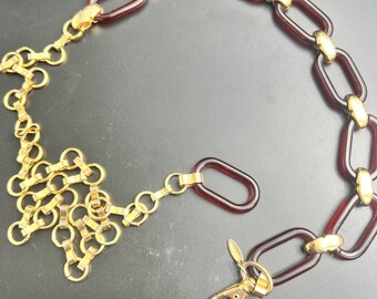 Burgundy Resin and Gold Tone Chain Link Adjustable Belt Made in Italy Vtg 90s