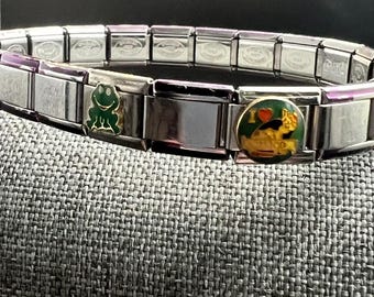 Italian Charm Bracelet Stainless Steel Cat Frog Heart Purple Enamel Y2K