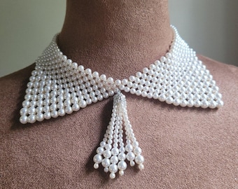 Vintage Japan Faux Pearl Collar Tassel Necklace Rhinestone Clasp 13" Coquette