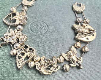 Vintage Yechang Cherub Angel Moon Heart Gold Tone Double Strand Charm Bracelet