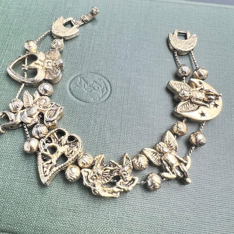 Vintage Yechang Cherub Angel Moon Heart Gold Tone Double Strand Charm Bracelet Bild 1