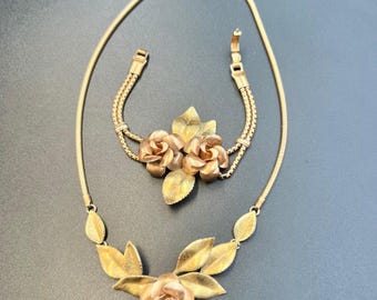 Krementz Gold Overlay Rose Flower Necklace and Bracelet Set Vintage 1950s