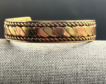 Mixed Metal Copper Brass Braided Rope Border Open Cuff Bracelet Vintage 1990s