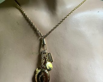 1928 Jewelry Co Gold Tone Multi Locket Charm Necklace 28' Chain Vintage 1980s