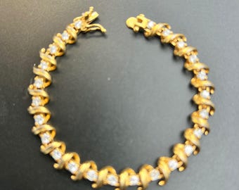 Gold Tone S-Link Clear Crystal Tennis Bracelet Box Clasp 7 Inch Vintage 1990s