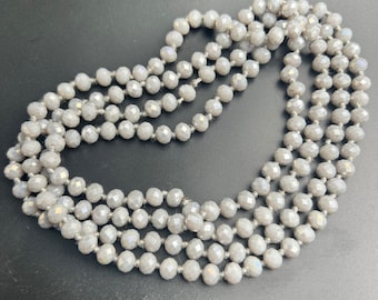 Gray Faceted Glass Knotted Long Opera Length Bead Necklace Vintage 1960s