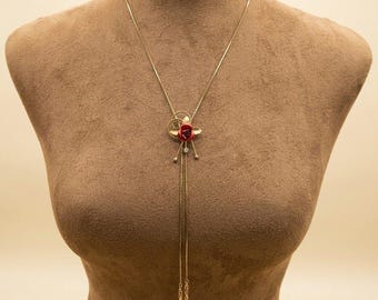Vintage Red Enamel Rose Gold Tone Bolo Necklace Adjustable 28" Cottagecore