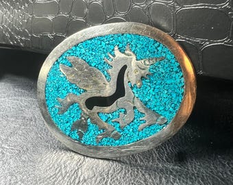 Vtg Silver Tone Turquoise Chip Inlay Unicorn Pegasus Belt Buckle 3" Westerncore