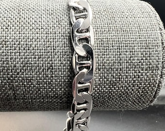 White Gold Plated 14KGP Mariner Anchor Link Chain Bracelet 7.75" Vintage 90s