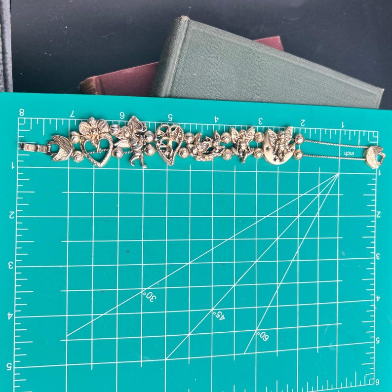 Vintage Yechang Cherub Angel Moon Heart Gold Tone Double Strand Charm Bracelet Bild 4