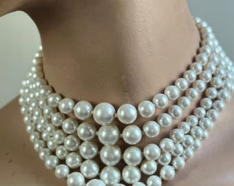 Coro Four Strand Graduated Faux Pearl Choker Adjustable Necklace Vintage 1950s