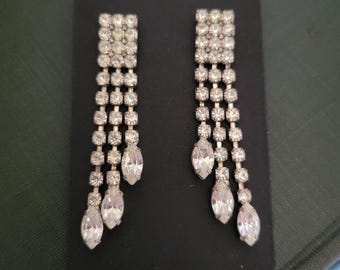 Vintage Rhinestone Waterfall Chandelier Earrings Silver Tone Marquise Drop 50s