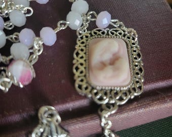 Pink Glass Bead Rosary Madonna Child Cameo Silver Crucifix Cottagecore 90s
