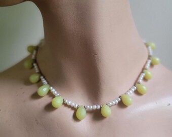White Pearl Lime Green Teardrop Glass Bead Choker Necklace 15 Inch Fairycore 90s