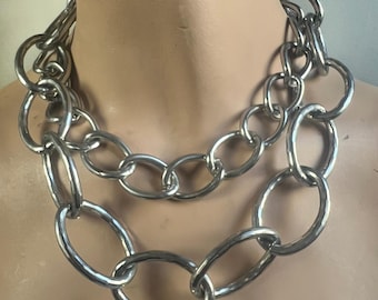 Mika Silver Tone Chunky Double Strand Hammered Oval Link Statement Vintage 90s