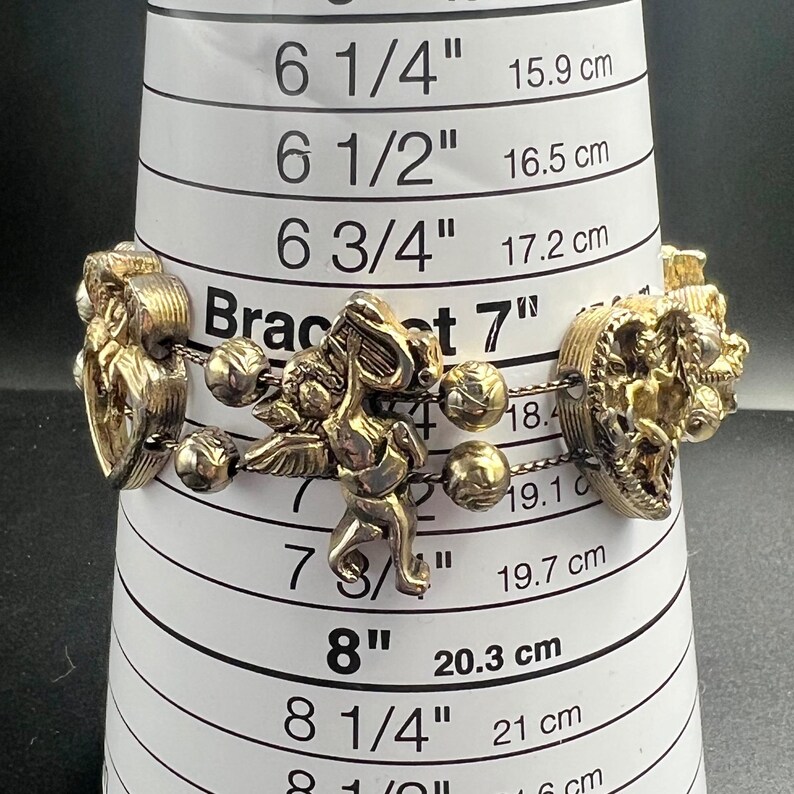 Vintage Yechang Cherub Angel Moon Heart Gold Tone Double Strand Charm Bracelet Bild 7