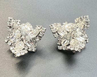 Magic Clip Clear Rhinestone Marquise Cluster Clip On Earrings Vintage 1950s