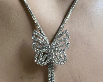 Rhinestone Butterfly Bolo Tie Necklace Silver Tone Crystal Slide 48" Vintage 90s